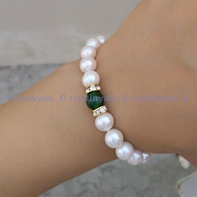 Natural South Sea Round White Jade Pearl Bracelet 7.5-8" 14k Yellow Gold P Clasp
