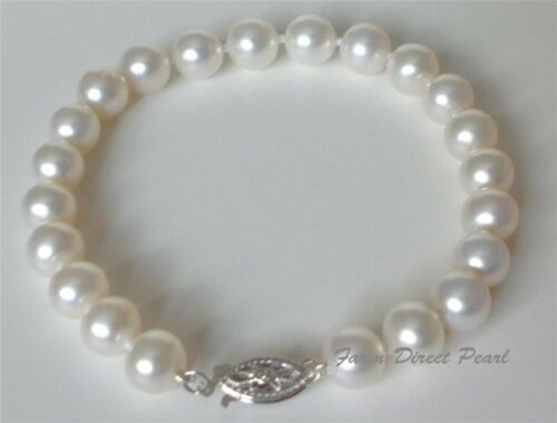7" Aaaa+ Cultured Freshwater 8-9mm Genuine White Pearl Bracelet 14k White Gold