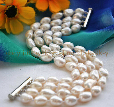 Beautiful 4 Rows 7-8mm White Baroque Freshwater Cultured Pearl Bracelet 8 "