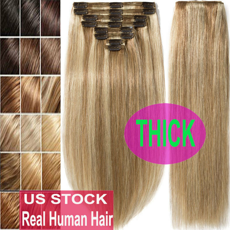 Thick Double Weft Clip In Real Remy Human Hair Extensions Full Head Highlight Us